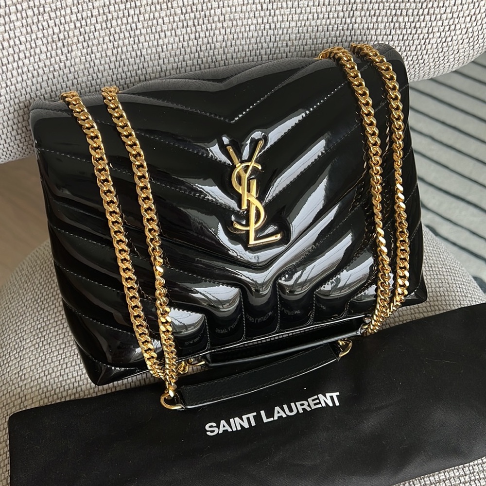 Saint Laurent (YSL) Black and Gold Patent Shoulder Bag -Worn 1X - Picture 4 of 16